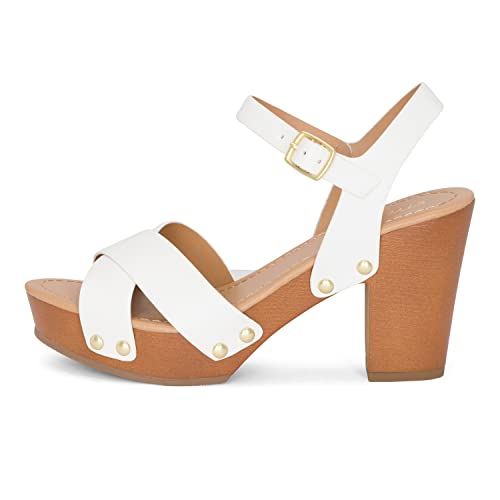 STYLISH S SHIFT - Womens Open Toe Studded Double Cross Band Ankle Strap Faux Wood Platform Heel Sandals