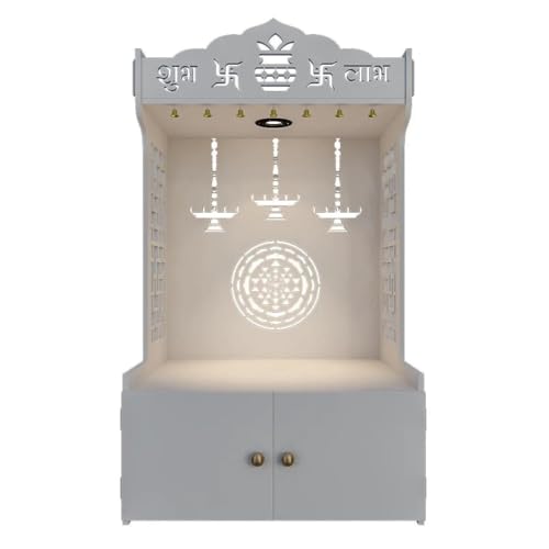 HomScape Timeless Wooden Templ/Mandir for Home with Spacious Shelf Inbuilt Focus Light White, 46 Centimeters, 109 CM