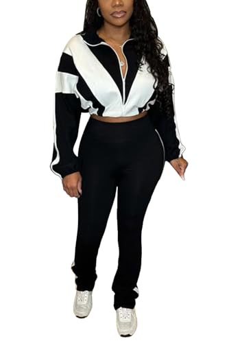 DINGANG Womens Sweatsuits 2 Piece Sets Long Sleeve Color Block Zip Up Jacket Jogger Legging Tracksuits