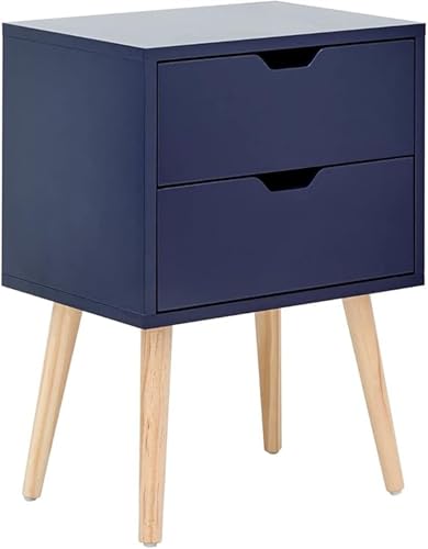Image of VASIL MART Bedside Tables, Wooden Nightstands with Solid Wood Legs & 2 Drawers, End Tables Storage Units for Living Room /Bedroom,etc .(Nightshadow Blue)