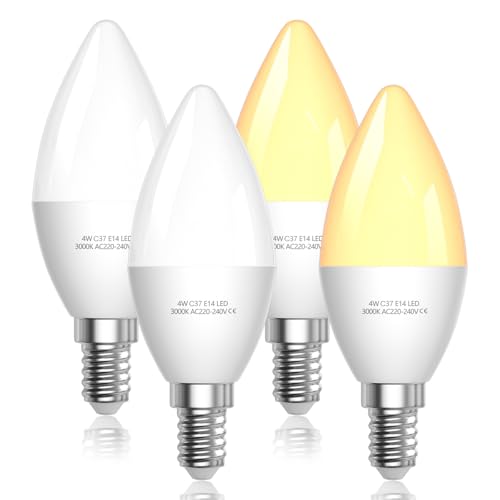 BrightArk E14 LED Light Bulbs Warm White 3000K, Small Edison Screw E14 Lamp, 40 Watt Equivalent, 4W 400LM LED Bulbs, C37 SES Candle Energy Saving Bulb for Chandelier Desk Lamp, 4-Pack