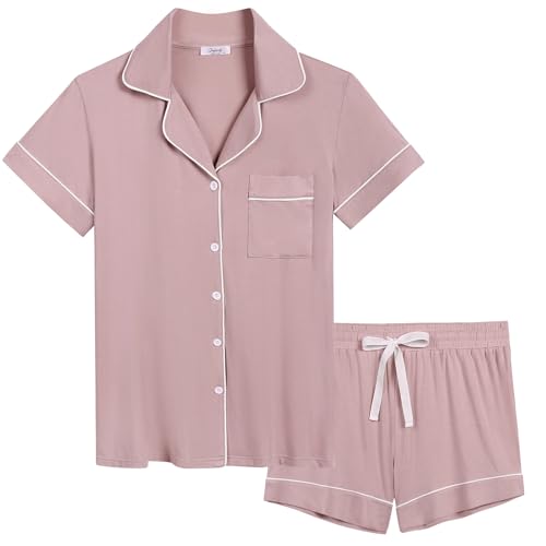 Image of Cherrydew Women Bamboo Viscose Super Soft Comfy Summer Cooling Short Sleeve Button Down Pajama Shorts Set S-XXL