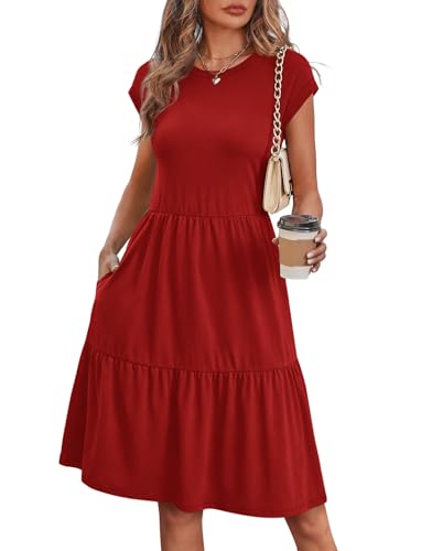 WIHOLL Womens Dresses 2026 Cap Sleeve Valentines Day School Outfits Statement Holiday Dress Women Babydoll Swing Tiered Sundresses for Women 2026 Christmas 2026 Red Dress M