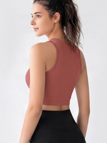 Image of ODODOS 3-Pack Seamless Crop Tank for Women Ribbed Soft High Neck Cropped Tops