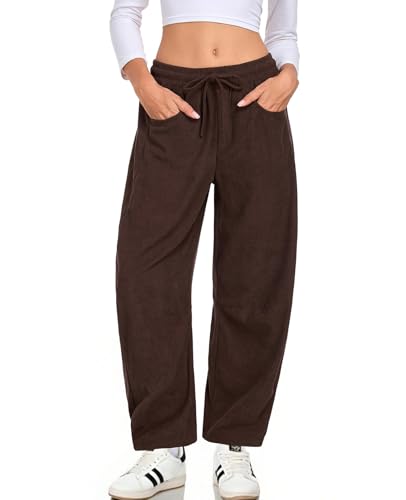 HOTIAN Womens Corduroy Pants Barrel Mid Rise Elastic Waist Loose Comfy Casual Baggy Trouser with Pockets