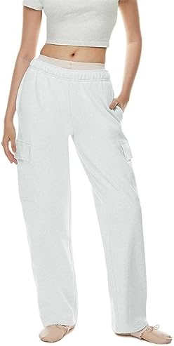 QIBABU Womens Fleece Cargo Sweatpants Casual Baggy Wide Leg Jogger Pants Athletic Open Bottom with Pockets