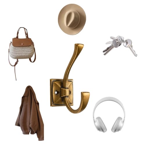 CABDM 5 Pack Decorative Heavy Duty Towel Hooks for Hanging Robe Double Vintage Antique Brass Coat Hooks Wall Mounted with Screws for Key, Towel, Bags, Cup, Hat