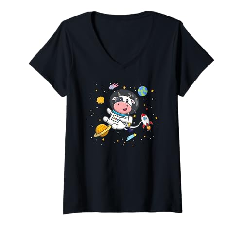 Femme Cute Kawaii Kids Boys Heifer Funny Space Astronaut Cow Lover T-Shirt avec Col en V