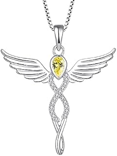 FJ Angel Wing Pendant Necklace 925 Sterling Silver Guardian Angel Necklace Infinity Birthstone Necklace Jewellery Gifts for Women Girls