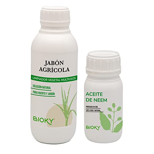 Jabón Potásico Agrícola 1L + Aceite de Neem 250ml – Pack Ahorro Protección para Tus Plantas y Huerto | Muy concentrado y Puro | Más de 70 Aplicaciones | Mosca Blanca, Cochinilla, Pulgón, Araña Roja