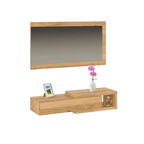 duehome | Recibidor con Cajon y Espejo, Mueble de Entrada, Modelo Derek, Acabado en Roble Alpine, Medidas: 91,5 cm (Ancho) x 20,8 cm (Alto) x 27,6 cm (Fondo)