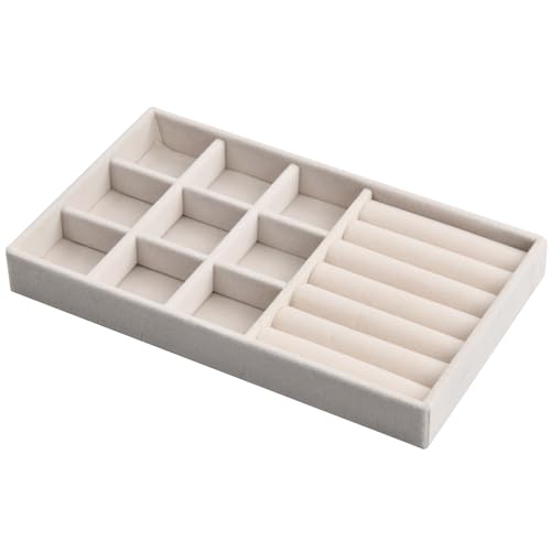 9 Grilles Plateau Bijoux Velours Beige, 21x12,3x2,5cm, Empilable Rangement Organiseur Bijoux avec Compartiments, Plateaux à Bijoux Présentation Tiroir, Boite Presentoir pour Bague Bracelet Collier