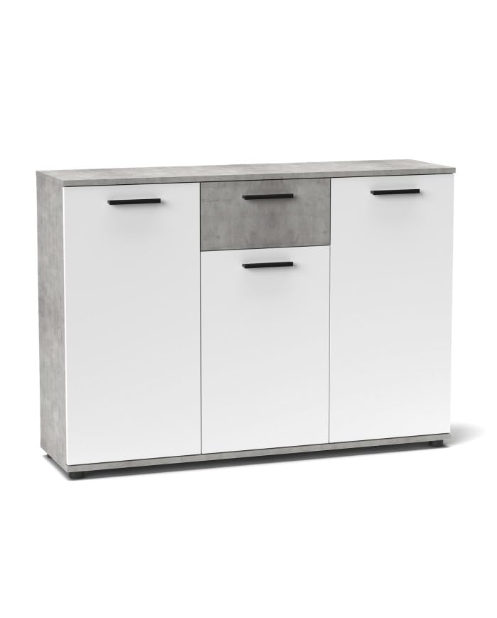 Home Heavenly® Aparador Bosco con 3 Puertas y 1 Cajón – Mueble Auxiliar Moderno con Gran Capacidad de Almacenaje para Salón, Comedor o Recibidor: Gris/Blanco