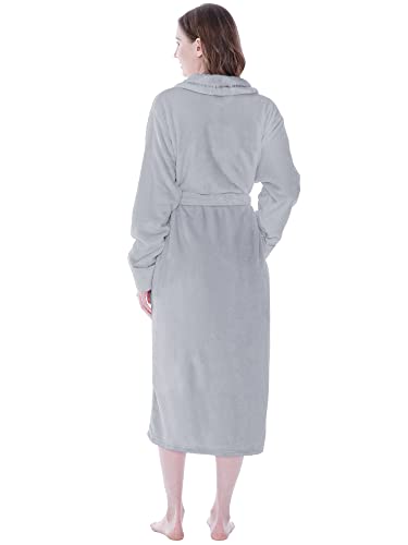 Pavilia Plush Robe For Women, Light Grey Fluffy Soft Bathrobe, Lightweight Fuzzy Warm Spa Robe, Cozy Fleece Long House Robe, Satin Trim, Small-Medium #TOP1
