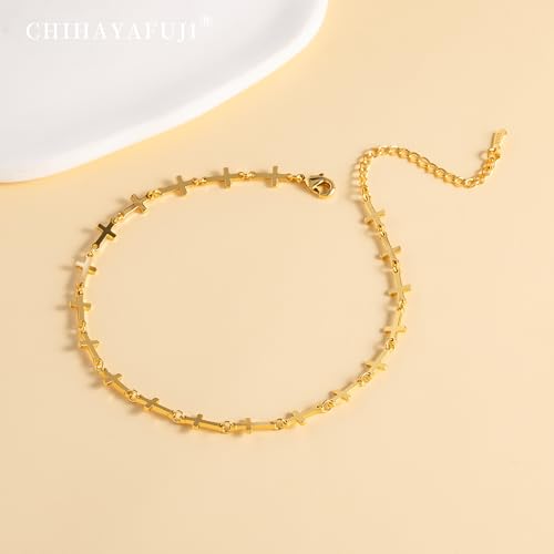 Chihayafuji 14K Gold Plated Cross Ankle Bracelets for Women Waterproof Layered Stackable Bead Chain Non Tarnish Large Adjustable Anklet for Summer Beach Foot Jewelry Gift — view 6