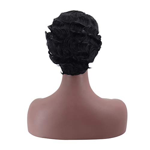 Mipper Retro Black Short Curly Synthetic Hair Women Wig Finger Wave Wig For Black Women Daily Dating Party #TOP4