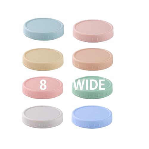 8 Pack Wide Mouth Mason Jar Lids for Ball Kerr Jars and More Colored Plastic Reusable Canning Tops with Silicone Rings Food Grade & Leak-proof