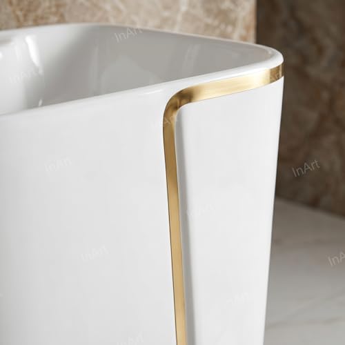 Image of InArt One Piece Ceramic Pedestal Free Standing Round Wash Basin for Living Room and Bathroom (17 x 14 x 34 Inch, White Gold Glossy)