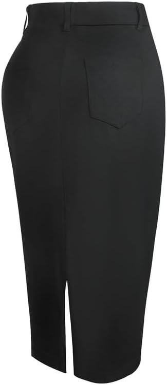 Houmous Women's Cotton Work Pencil Skirt Stretch Office Midi Below Knee Bodycon Belt Loops Back Slit Pockets - Image 3