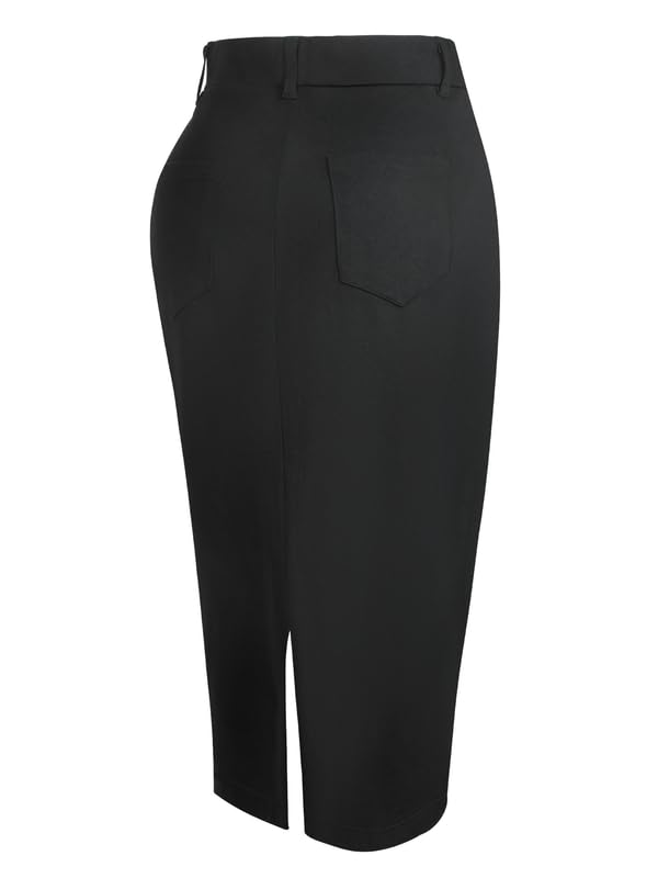 Houmous Women's Cotton Work Pencil Skirt Stretch Office Midi Below Knee Bodycon Belt Loops Back Slit Pockets2