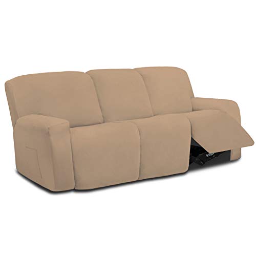 Image of Easy-Going 8 Pieces Microfiber Stretch Sectional Recliner Sofa Slipcover Soft Fitted Fleece 3 Seats Couch Cover Washable Furniture Protector with Elasticity for Kids Pet(Recliner Sofa, Camel)
