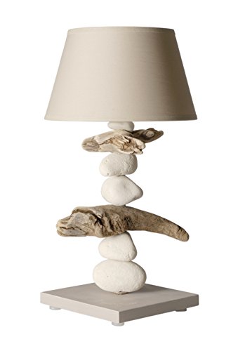 Lampe de chevet bord de mer en bois et galets - Personnalisable - Fabriqué à la main en France par un artisan (40 cm) (Cendre brune standard)