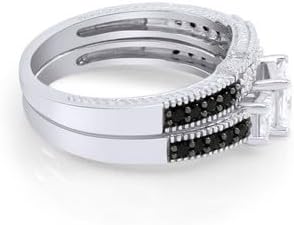 Jewels by Parijaat 2 Cttw Princess Cut Created Black and White Diamond Three Stone Wedding Bridal Ring with Band Set In 14K White Gold Over 925 Sterling Silver