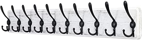 SKOLOO Coat Rack Wall Mounted - 38.3'' Long, Wooden, Heavy Duty, Rustic Coat Hooks for Wall, 16'' Hole to Hole, Wall Coat Rack with 10 Triple Hooks for Hanging Clothes, Jacket, Hat(Brown)