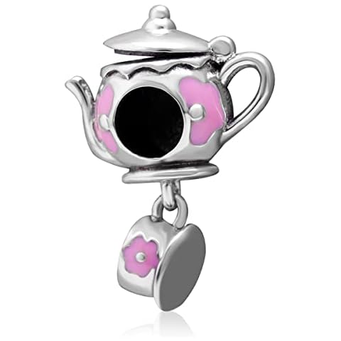 Magic Teapot and Teacup Charms, Fit Pandora Women Valentines Day Bracelet, 925 Sterling Silver Pink Enamel Tea Pot/Cup Beads, Gift for Wedding/Daughter and Wife/Couple Cover