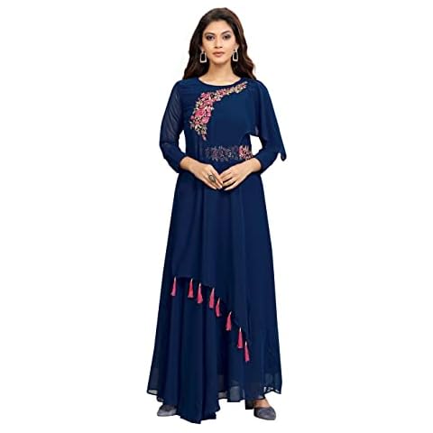 Trendmalls Women's Georgette Blooming Fit and Flare Kurti (UKE.R06-Teal Blue-S) Cover