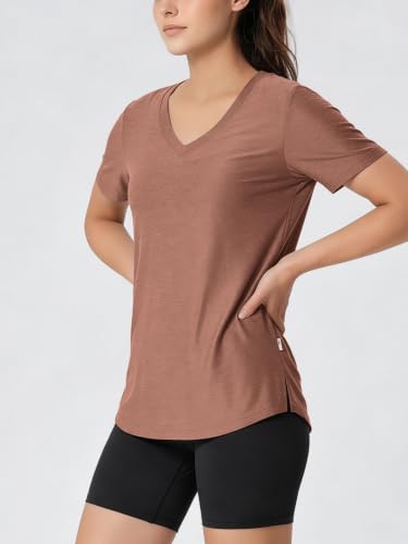 Image of ODODOS Women's Short Sleeve Performance V-Neck Tunic Tops, Ultra Soft odSTRATUM Tech Tee, Side Slit Relaxed T-Shirts