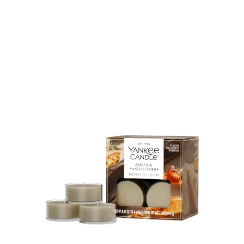 Yankee Candle Amber & Sandalwood Tea Light Candles Premium Plant Wax Scented Tealights 12 Count Beige Up to 5 Hours Burn Time Natural Fiber Wick 0.44 oz Each