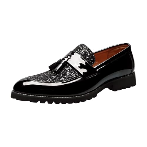 Santimon Men's Patent Leather Tassel Loafers Sparkling Glitter Slip-On Dress Shoes Chunky Sole for Formal & Casual Shoe