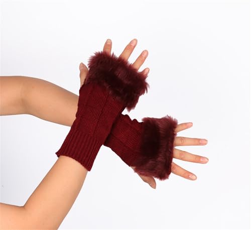Golden Apple Women's Fingerless Gloves with Faux Fur, Knit Winter Warm Half Finger Mitten Wrist Warmer