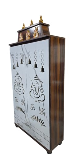 Image of 6 x 3 ft Wooden Pooja Mandir with kalasam | 36 inch L x 72 inch H x 12 inch D | White Marble Finish