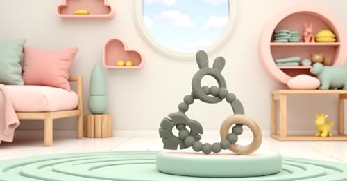 Image of | Bohemian Teether | Baby Teether | Sensory Exploration and Teething Relief | 100% Food-Grade Silicone Teether Toy | BPA Free | Chewbeads | Silicone with Beechwood Ring | (Sage)