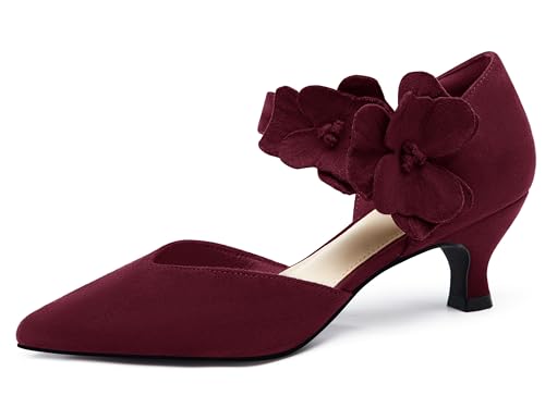 Coutgo Womens Low Kitten Heels Dressy Shoes Comfortable Closed Toe Flower Slip on Formal Party Dance Heeled Pumps, Burgundy, Size 8