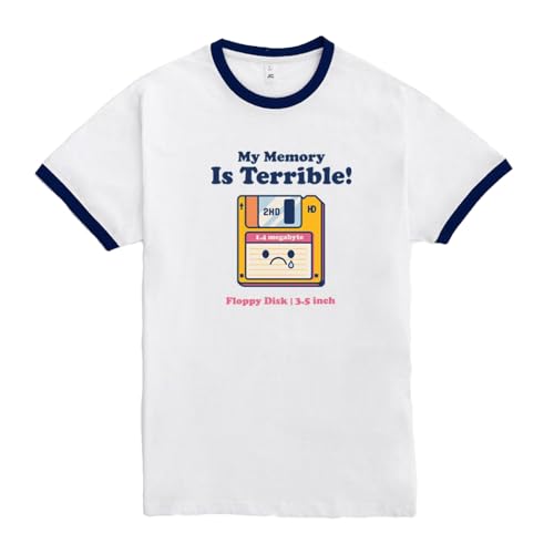 Pampling Camiseta de Manga Corta Ringer, 100% Algodón, Ropa Unisex para Hombre y Mujer, Serigrafiada con Cuello Redondo y Corte Recto, Color Blanco con Ribete Azul (My Memory is Terrible, L)