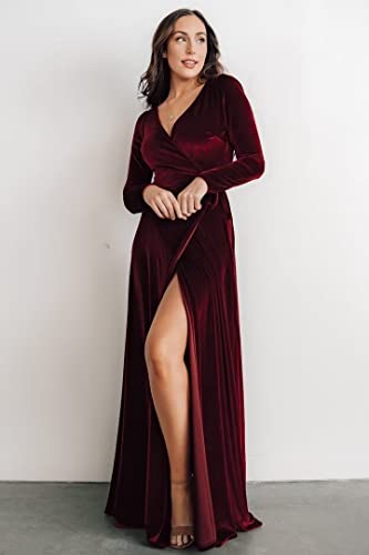 Maxianever Women's Velvet V Neck Bridesmaid Dresses Long Sleeve with Slit A Line Formal Wedding Guest Gown4
