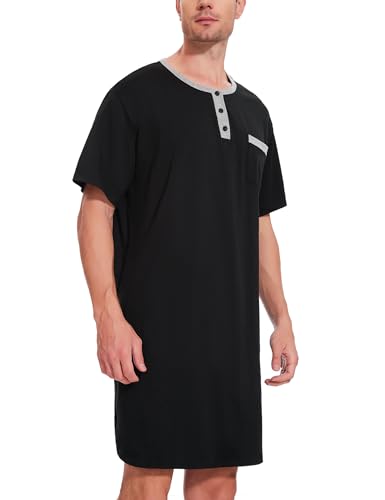 Uniexcosm Nachthemd Herren Kurzarm Schlafshirt Rundhals Einteiliger Schlafanzugoberteile Pyjama Tops Bequem Nachtwäsche Sleepshirt mit Knopfleiste und Brusttasche Schwarz L