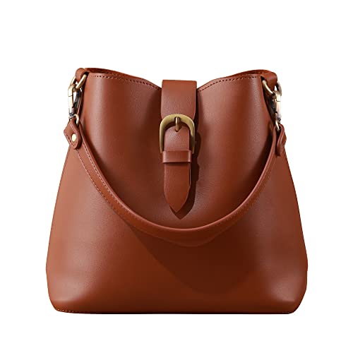 Town Bucket Vegan Leather Bag For Women (Light Brown Camel) Hobo Retro Faux Casual Purse Classic Vintage Simple Shoulder Handbag
