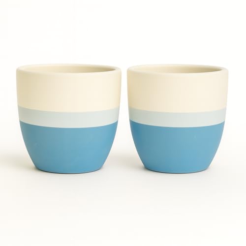 Image of Yo Green Ceramic Set of 2 Pot Indoor /Outdoor Plant - Modern Planter for Home and Office, Durable Ceramic, Stylish Finish with Vertical Ridges, Great Gift Idea (White /Blue)