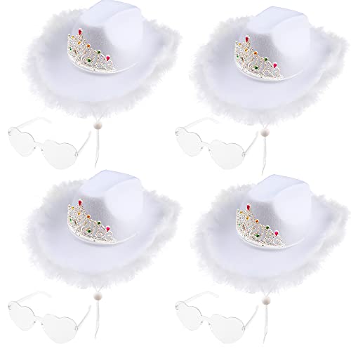 Sgbetter 4 Pack Cowboy Hat Crown And Feather Cowgirl Hat With 4 Pack Heart Shaped Sunglasses Set For Women Girls Cowboy Party(White) #TOP9