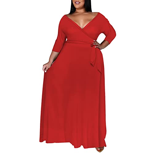 Image of Runwind Plus Size Dresses for Women Floral Maxi Dress Flowy 3 /4 Sleeve with Belt