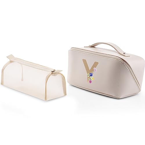 Vlando Mothers Day Mom Gifts,Graduation Gifts for Girls,Personalized Makeup Bag,Makeup Organizer Bag,Preppy Stuff Gifts for Teen Girls Birthday Gift for Women Friends Sister(Letter A) White-