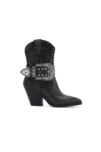 Women's Rhinestone Buckle Boots Ankle Boots Cowboy Boots Stacked Block Heel Boots Cowgirl Boots Pointed Toe Boots2