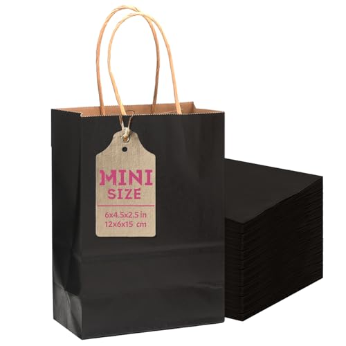 qiqee 25 Pcs Black Mini Paper Gift Bags 6x4.5x2.5 with Handles Small Brown Kraft Party Favor Treat Bags Multiple Uses (Mini size)