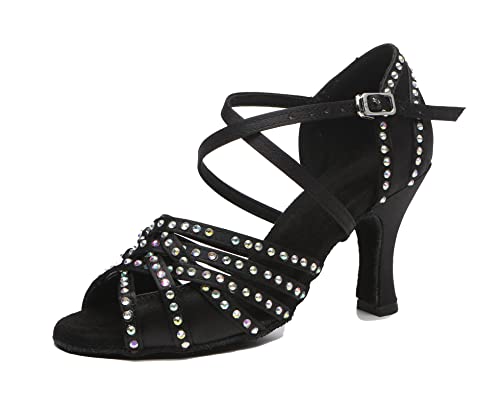 Minishion Dancing Salsa Shoes for Women Rhinestone Wedding Sandals L510 Black US 6