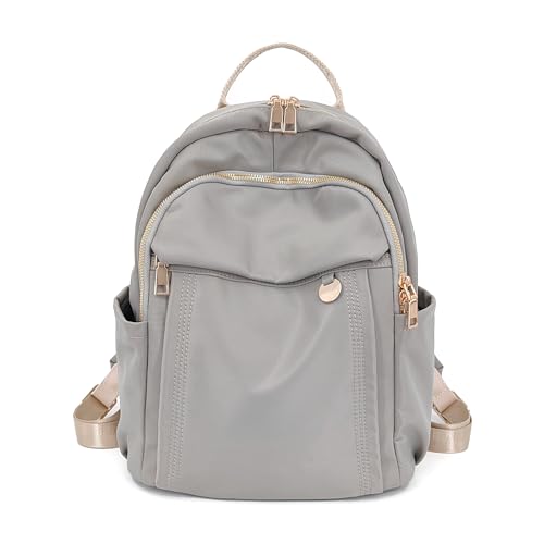 M-ioi-M Small Fashion Backpack Purse for Women, Chic Daypack with Stylish Gold-Tone Hardware, Minimalist Lightweight Water-Resistant Nylon Travel Bag, Casual Rucksack for Everyday Use (Gray Beige)