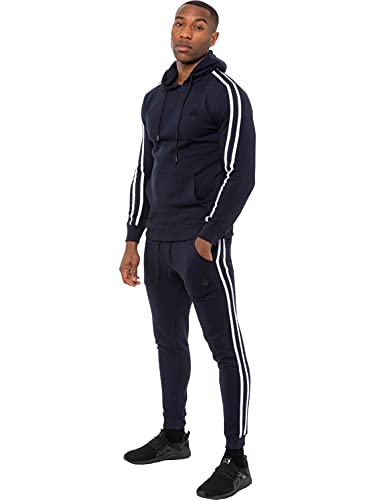Enzo Mens Full Tracksuit Set Striped Pullover Hoodie Casual Hoody Top Fleece Joggers Gym Jogging Bottoms (Navy, S, s)